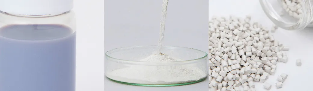 装有淡紫色液体的玻璃容器、装有白色粉末的玻璃培养皿、白色树脂颗粒。