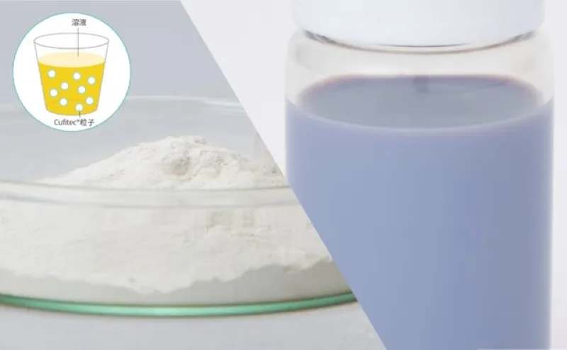 Illustration of the liquid mixed with Cufitec™ particles and product photos of powders and dispersions suitable for mixing applications
