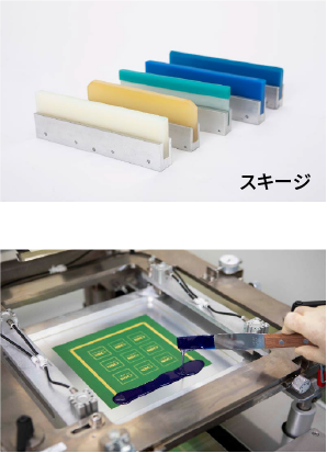 スクリーン印刷用のカラフルなスキージと印刷工程の写真